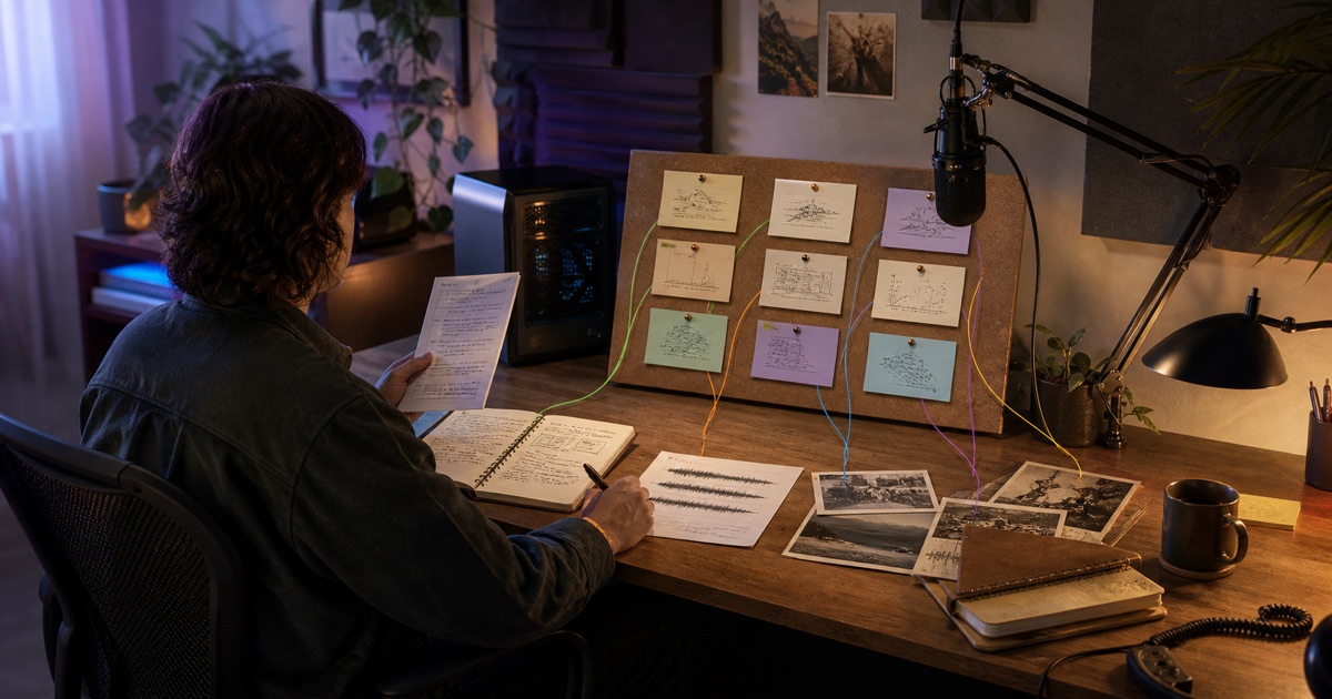 An independent creator organizes private notes, audio transcripts, and draft ideas into a source-linked topic library on a local workstation.