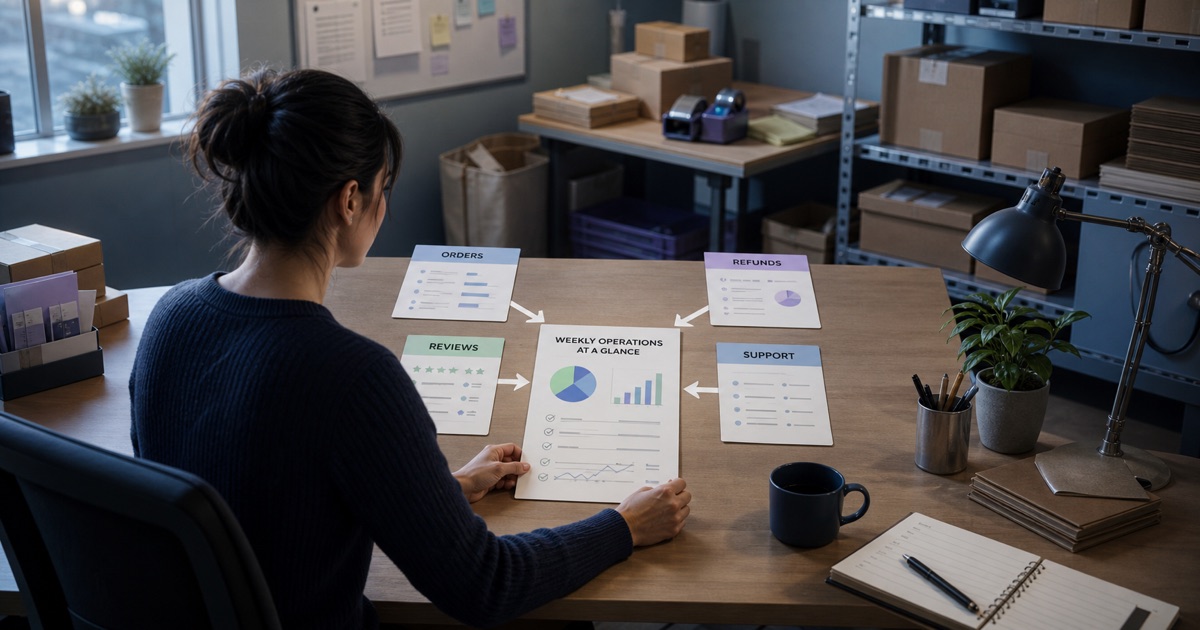 An e-commerce operator turns order, refund, review, and support exports into a weekly report on a local workstation without exposing customer details.