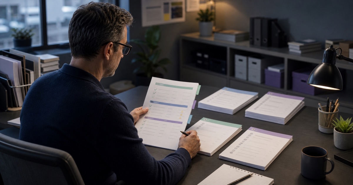 A finance lead reviews color-tabbed ledger, bank, payables, and expense packets beside a source-linked month-end review pack in a private office.