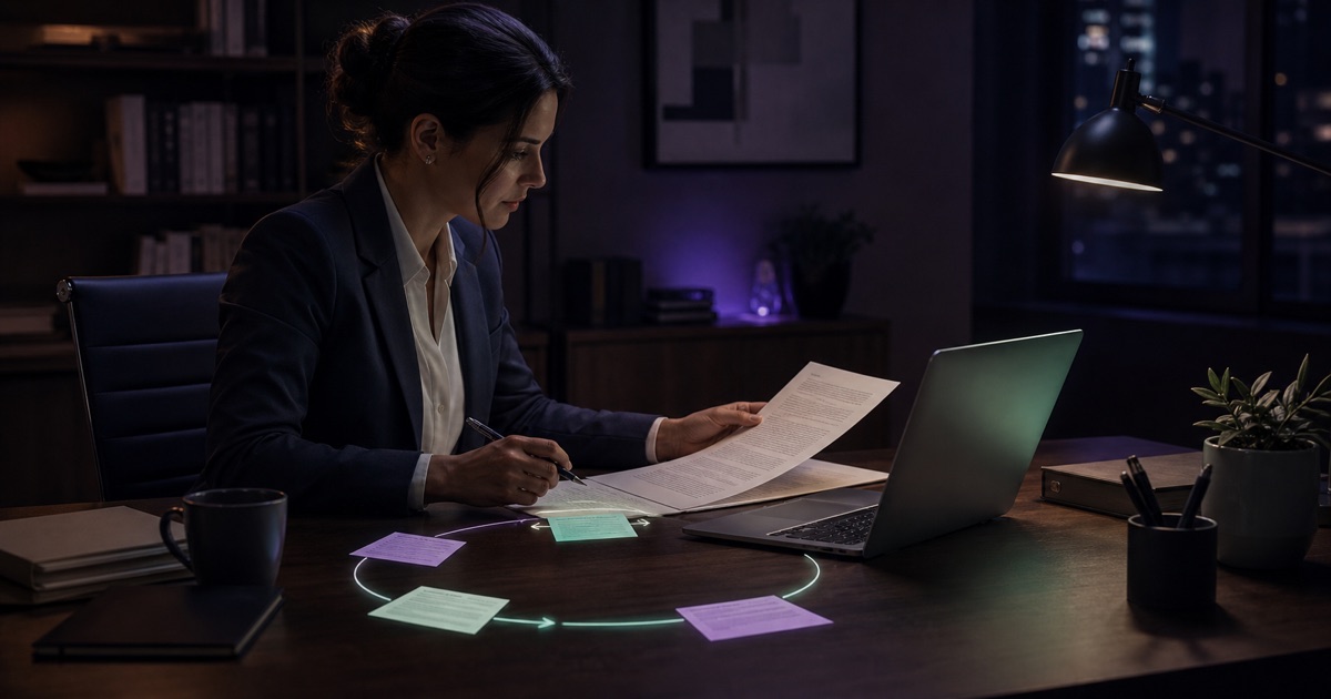 A lawyer reviews a contract at a private desk while a local AI workflow organizes clauses into a cited summary on the same workstation.